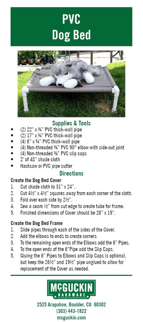 Make your own PVC Dog Bed using simple items found in a hardware store! www.mcguckin.com Diy Outside Dog Bed, Diy Cooling Dog Bed, Dog Bed Furniture Ideas, Diy Pvc Dog Bed, Diy Raised Dog Bed, Pvc Dog Bed, Creative Dog Bed, Dogs Bed, Diy Pet Bed