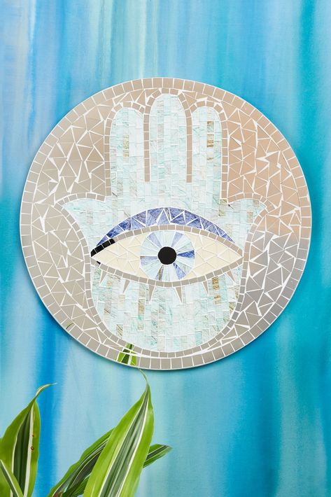 Blue Hamsa, Modern Hippie Style, Mosaic Tile Mirror, Round Mosaic, Meditation Corner, Mosaic Mirror, Mirror Mosaic, Bird Skull, Mirror Tiles