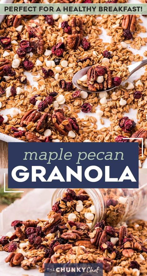 This delicious maple pecan granola recipe is the perfect way to start off your day!  Naturally sweetened with maple syrup, and made with simple pantry ingredients, you'll love this easy to make recipe! #breakfast #brunch #homemade #granola #healthy #maple #pecan #natural Maple Pecan Granola Recipe, Pecan Granola Recipe, Granola Easy, Maple Pecan Granola, Easy Breakfast Burritos, Pecan Granola, The Chunky Chef, Chunky Chef, Granola Clusters