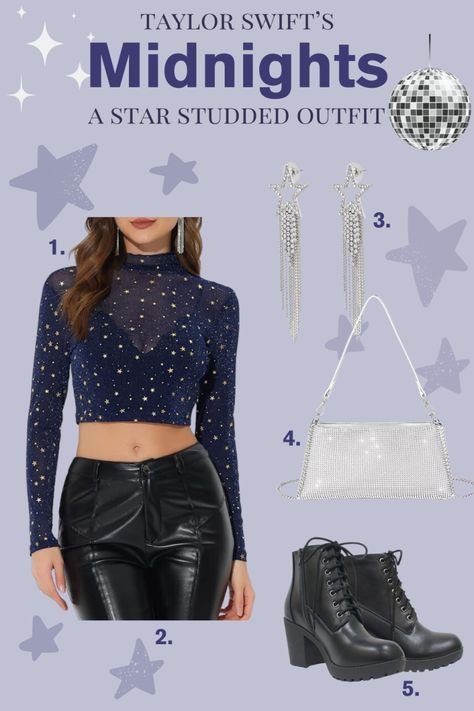 Midnights Star Studded Outfit | Eras Tour Outfit Inspo – Live With Em Eras Tour Outfits Pants, Studded Outfit, Eras Tour Outfits Midnights, Midnights Eras Tour Outfit, Black Heeled Combat Boots, Stud Outfits, Heeled Combat Boots, Midnights Era, Concert Attire