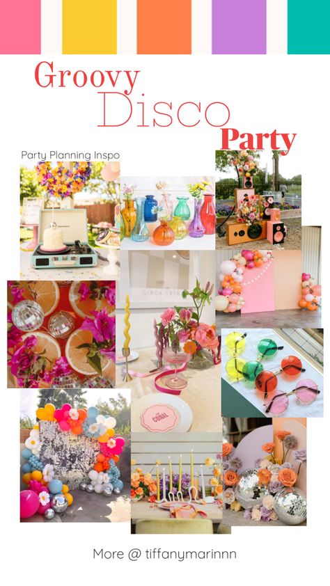 Groovy Disco Party Color Scheme. Groovy Disco Party Decor. Groovy Disco Party Inspo. Disco. Disco balls. Flower Power. Colorful Decor. Colorful Party Decor. Groovy Disco Party, Party Color Palette, Disco Party Decor, Flower Power Party, Groovy Party, Flower Birthday Party, Disco Birthday Party, Disco Party Decorations, Hippie Birthday