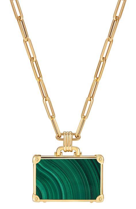 Transport your ensemble to new heights with this luggage pendant necklace made from stunning carved stones, twinkling diamonds and 14-karat gold. 1"W x 7/8"L pendant Total diamond weight: 0.39ct. or 0.022ct. Color: H Clarity: SI3 14k gold/opal/mother-of-pearl/diamond/tiger's-eye or 14k gold/malachite/turquoise/tiger's-eye/diamond Made in the UK >Diamond Guide Luxury Yellow Gold Jewelry For Travel, Luxury Rectangular Engraved Necklace, Luxury Engraved Rectangular Necklace, Yellow Gold Pendant Necklaces For Travel, Forever Necklace, Sunglasses Necklace, Blue Opal Necklace, Lucky Jewelry, Delicate Gold Necklace