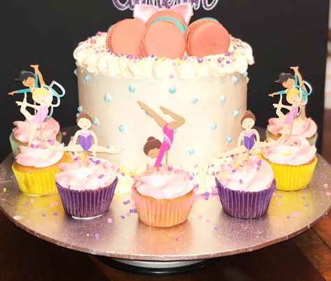 What a fun gymnastics themed birthday cake! Our toppers are perfect for both cupcakes and cakes. They are great for cheese cubes and fruits too!⁠ ⁠ (📸 shared by a customer) Cupcakes And Cartwheels, Gymnastics Birthday Cakes, Gymnastics Decor, Gymnastic Birthday, Gymnastics Birthday Party, Gymnast Birthday Party, Gymnastics Party, Gymnastics Birthday, Wooden Food