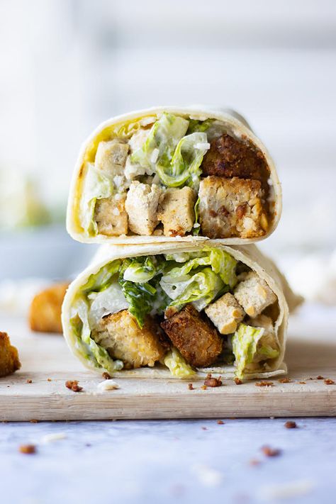 Tempeh Caesar Salad, Vegan Chicken Ceasar Salad Wrap, Tempeh Wrap, Vegetarian Gourmet, Caesar Salad Wrap, Chicken Caesar Pasta, Baked Tempeh, Caesar Pasta Salad, Cheap Vegan Meals