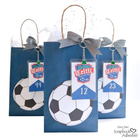 Quickly embellish party favor bags for the soccer team. A self-laminating player card doubles as a goody bag charm and a sports bag tag! Go Team! Soccer Gift Bags Ideas, Soccer Goodie Bag Ideas, Soccer Goody Bags Ideas, Soccer Goodie Bag Ideas Team Gifts, Soccer Snack Bags, Soccer Bag Tags, Soccer Treats, Soccer Bag Tag, Soccer Snacks