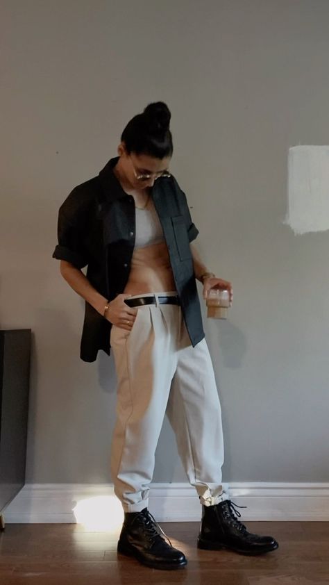 Masc lesbian fashion idea   #fallfashion #lgbtqfashion #springstyle    #summerstyle  #fitness #womeninsuits Edgy Lesbian Style, Stereotypical Lesbian Outfit, Cargo Pants Outfit Masc Women, Masc Lesbian Poses, Stemme Lesbian Style, Mask Lesbian Style, Cool Lesbian Style, Casual Lesbian Outfits, Lesbian Party Outfit