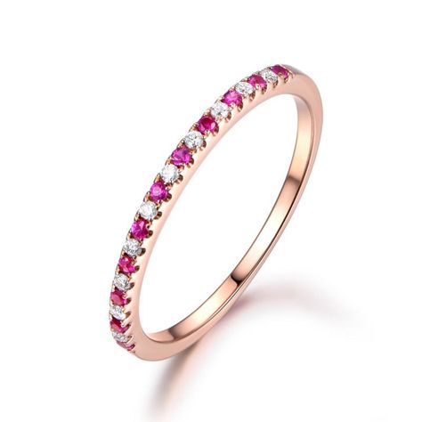 Pave Ruby Diamond Wedding Band Half Eternity Anniversary Ring 14K Rose Gold - Lord of Gem Rings - 1 Stone Ring Design, Birthstone Band, Gem Rings, Faberge Jewelry, Eternity Rings, Ruby Diamond Rings, Jewellery Gold, Half Eternity Ring, Gem Ring