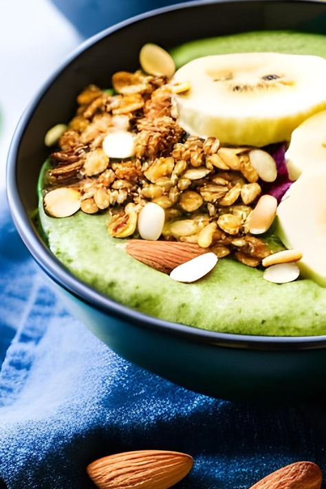 Smoothie Bowl with Spinach and Almond Butter - Vegan Focus Banana And Almond Butter, Sweet Smoothies, Spinach Smoothie, Bowl Recipes, Smoothie Bowl Recipe, Banana Slice, Cashew Butter, Spinach Leaves, Acai Berry