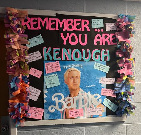 Buliton Board Ideas Schools High School, Shoutout Bulletin Board Ideas, Barbie Ra Bulletin Board, Asb Bulletin Board Ideas, Stuco Bulletin Board Ideas, Barbie Themed Bulletin Board, Pop Culture Bulletin Board Ideas, Staar Bulletin Boards Ideas, College Dorm Bulletin Boards