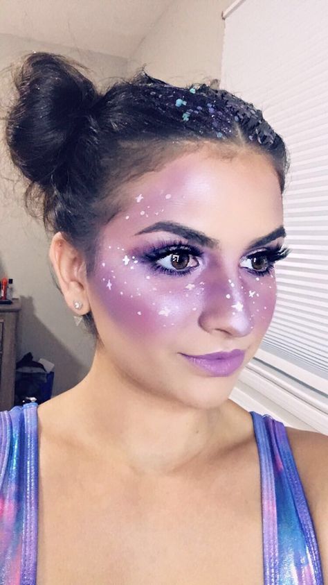 @emmakapotes Space babe galaxy makeup for Halloween Easy Space Makeup Looks, Purple Galaxy Makeup, Space Themed Costumes Women, Galaxy Makeup Halloween, Space Woman Costume, Galaxy Face Makeup, Space Goddess Outfit, Alien Theme Makeup, Blue Space Makeup