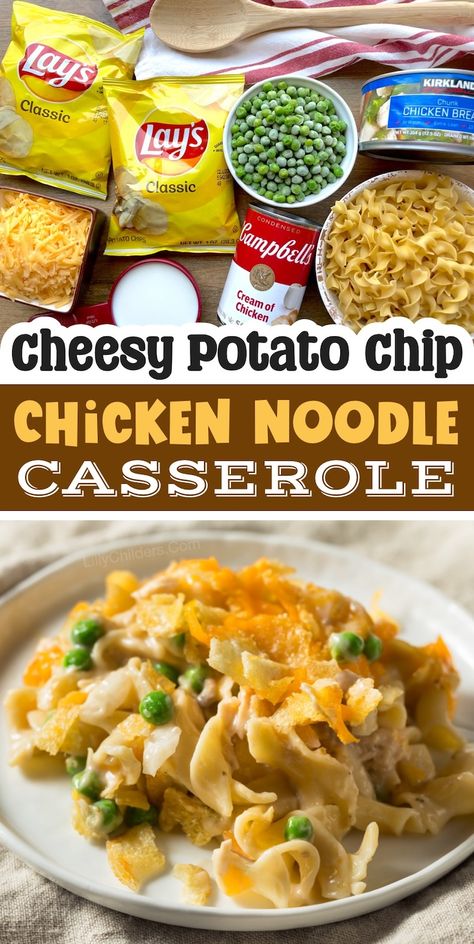 Cheesy Potato Chip Chicken Noodle Casserole Chip Chicken, Potato Chip Chicken, Popular Casseroles, Noodle Dinner, Lazy Dinners, Workout Challenges, Chicken Noodle Casserole, Easy Crockpot Chicken, Cheesy Potato