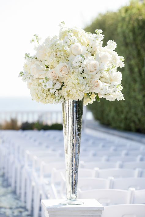 Tall White Rose and Hydrangea Centerpiece in  a silver lined vase for the other half of the centerpieces at the reception White Flower Arrangements, Tall Wedding Centerpieces, Hydrangea Centerpiece, Tall Centerpieces, White Wedding Flowers, Flower Centerpieces Wedding, Wedding Arrangements, Deco Floral, Wedding Flower Arrangements