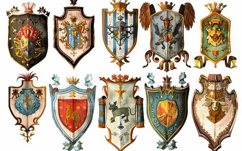 Midjourney AI Image: A set of coats of arms on a white background, with a medieval theme, colorful, detailed and intricat... → more in ai-img-gen.com Medieval Coat Of Arms, Medieval Coat, Animals Geometric, Unique Coats, Medieval Theme, Symmetrical Pattern, Coats Of Arms, Coat Of Arm, Colorful Style