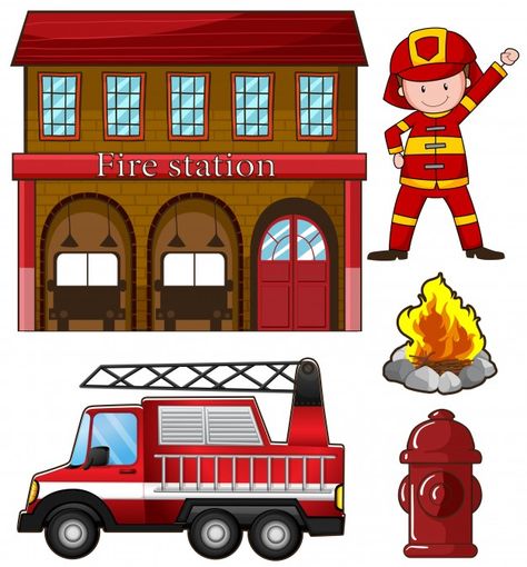 Fireman and fire station illustration Free Vector Firetruck Birthday, Happy Birthday Lettering, Community Helpers, Colorful Birthday, Fire Station, Fire Truck, Preschool Worksheets, Free Vector Art, A Fire