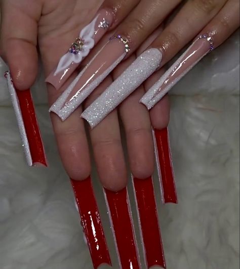 Nails Red Bottoms, Bottom Nails, Red Bottom Nails, Long Red Nails, Red And White Nails, Graduation Nails, Red Acrylic Nails, Long Acrylic Nail Designs, White Acrylic Nails