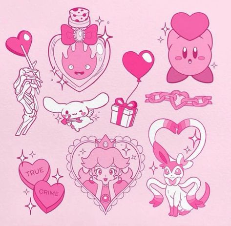 Tattoo Flash Sheet Anime, Cute Valentines Tattoos, Kirby Tattoo Design, Kawaii Tatoos Ideas, Princess Peach Tattoo Ideas, Waddle Dee Tattoo, Valentines Flash Tattoo Sheet, Valentines Flash Sheet, Cute Pink Tattoos