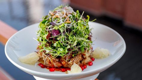 This towering crispy duck salad is one of global restaurant brand Hakkasan's signature dishes - and with good reason, it's absolutely delicious. Victor Besa / The National Duck Salad, Crispy Duck, Braised Duck, Great British Chefs, Salad Sauce, Famous Recipe, Duck Recipes, Chinese Dishes, Signature Dishes