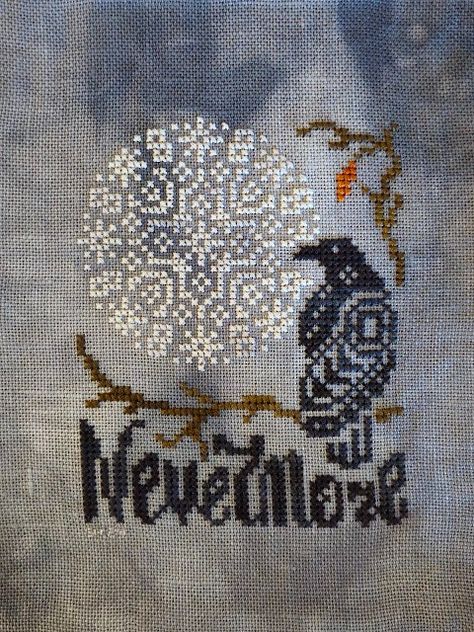 The Copper Fox: Quoth the Raven Crow Cross Stitch Pattern, Spooky Cross Stitch, Nevermore Raven, Fall Cross Stitch, Cross Stitch Halloween, Quoth The Raven, Stitch Halloween, Just Cross Stitch, Hand Dyed Fabric