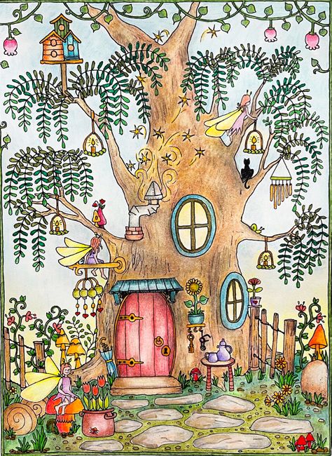 Fairy Houses Illustration, Fairy Home Drawing, Forest House Drawing, Fairy Garden Drawing Simple, Fairy Garden Illustration, Fairy Garden Drawing, Fairy House Drawing, Village Drawing, Fae Art