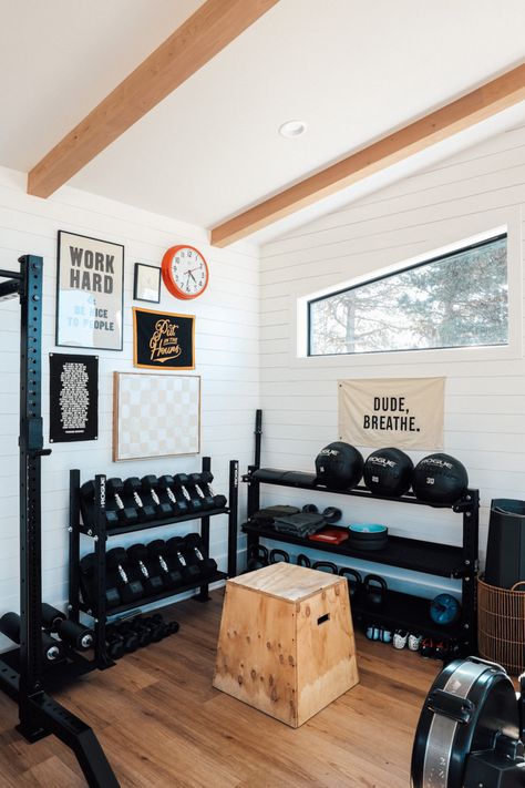 Our New Home Gym (separate building in backyard) - Nesting With Grace Home Gym Inspiration, Small Home Gym, Gym Design Interior, Home Gym Garage, Nesting With Grace, Shiplap Wall Diy, Basement Gym, Gym Room At Home, Best Home Gym