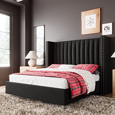 Storage Bed Frame Queen, Platform Bed Designs, Queen Platform Bed Frame, Upholstered Sleigh Bed, Tufted Upholstered Bed, Bedroom Stuff, Room Vibes, Lit King Size, Black Headboard