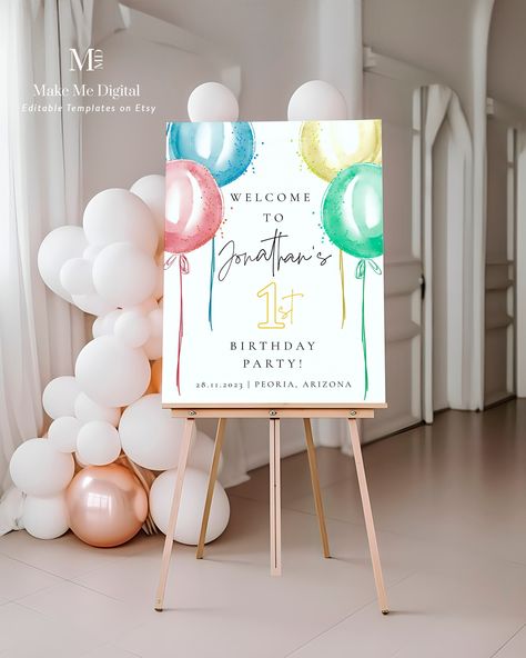 Carnival 1st Birthday, 1st Birthday Welcome Sign, First Birthday Welcome Sign, 1st Birthday Signs, Welcome Sign Printable, Baby Boy 1st Birthday Party, Birthday Welcome Sign, Yellow Balloons, Rainbow Balloons