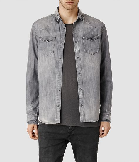 AllSaints Ikemat Denim Shirt (Grey) Allsaints Style, Grey Denim Shirt, Denim Shirt Men, Festival Shop, Grey Denim, 2024 Collection, Leather Jackets, Summer Essentials, Shirt Men