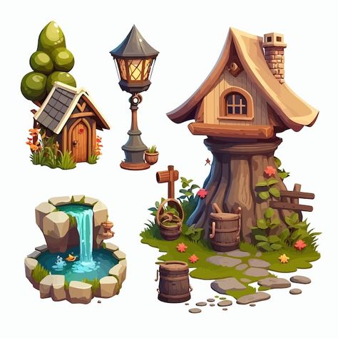 Gnome House Illustration, Village House Illustration, Cartoon Tree House, Cottage Concept Art, Modelling Reference, Village Illustration, Village Games, Sketch House, Narrative Illustration