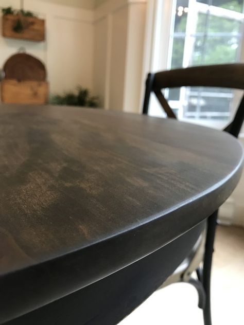 Beautiful finish from the stain and oil on this re loved oak table by Front Porch Mercantile Staining Table Top, Black Table With Stained Top, Gel Stain Dining Room Table, Dark Stain Kitchen Table, Dark Stain Dining Table, Staining Dining Room Table, Black Stain Dining Table, Black Wood Stain Table, 90s Oak Table Makeover