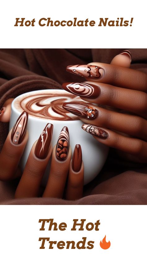 Chocolate Nails Design Art Ideas, Apple Cider Nails, Hot Cocoa Nails, Chocolate Brown Nails Design Fall, Iced Coffee Nails, Brown Sugar Spice Nails, Coffee Inspired Nails, Chocolate Nails Design, Pumpkin Spice Latte Nail Art