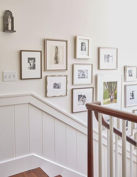 Shiplap Staircase Trim with Photo Wall - Cottage - Entrance/foyer Shiplap Staircase, تحت الدرج, Hallway Pictures, Hallway Gallery Wall, Stair Paneling, Narrow Hallway Decorating, Gallery Wall Layout, Family Photo Wall, Staircase Wall