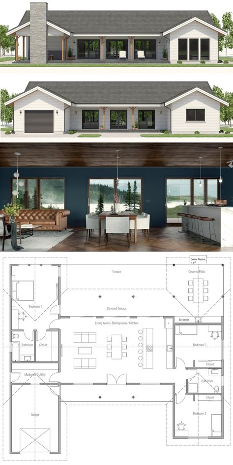 Small Home Plan, Small Modern House Plans, Small House Floor Plans, Casas Coloniales, Small House Plan, House Plans Farmhouse, Modern Farmhouse Plans, House Blueprints, Barn House Plans