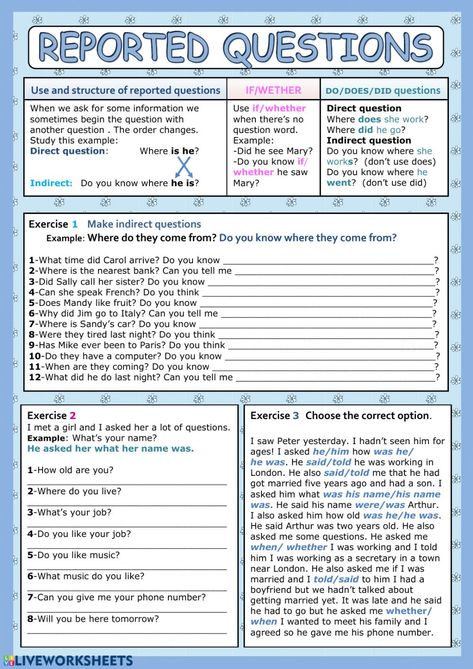 Reported speech ficha interactiva y descargable. Puedes hacer los ejercicios online o descargar la ficha como pdf. Reported Speech Questions, English Liveworksheet, Direct And Indirect Speech, Indirect Speech, Teach English To Kids, Reported Speech, English Grammar Book, Teaching English Grammar, English Grammar Worksheets