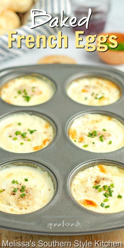 French Baked Eggs In Muffin Tin, Egg Dishes For Breakfast, Egg Dishes For Dinner, French Baked Eggs, Baked Egg Recipes, Brunch For 2, Eggs In A Muffin Tin, Breakfast For 2, Eggs Brunch