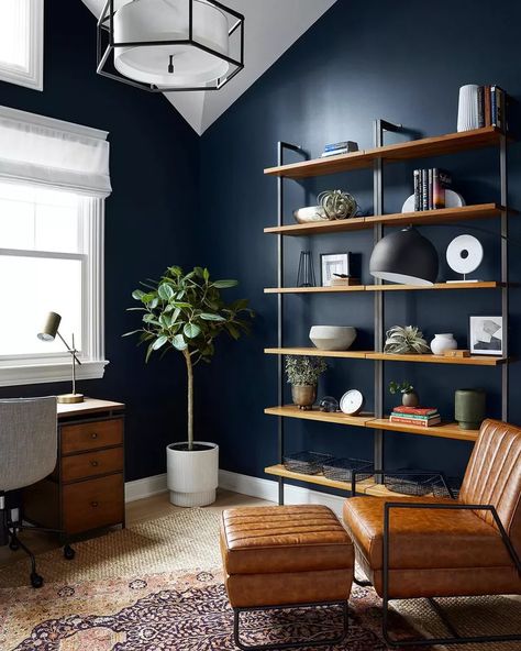 30 Modern Home Office Design Ideas to Help You Work From Home Blue Home Offices, Industrial Home Offices, Outfit Office, Blue Office, Modern Home Office, Home Office Setup, Blue Rooms, Home Office Space, Industrial House