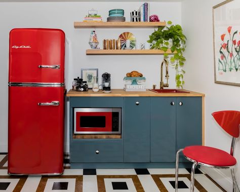 Red Fridge Kitchen, Big Chill Appliances, Red Fridge, Red Kitchens, Fridge Kitchen, Retro Fridge, Big Chill, North Carolina Homes, Mini Kitchen