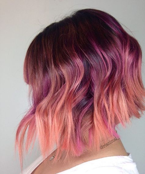 Purple To Peach Ombre Hair, Purple And Coral Hair, Purple And Pink Balayage, Purple And Peach Hair, Peach And Purple Hair, Pink And Purple Short Hair, Unique Hair Color Ideas, Unique Hair Color, Coral Hair