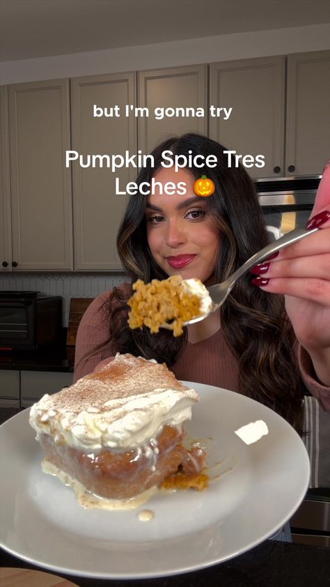 Im a recipe repeater and idc enjoy this fall pumpkin spice tres leches... | Tres Leches Cake | TikTok Pumpkin Spice Tres Leches Cake, Pumpkin Tres Leches Cake Recipe, Pumpkin Tres Leches Cake, Tres Leches Cake Recipe, Pumpkin Spice Cake, Tres Leches Cake, Tres Leches, Cake Videos, Easy Pumpkin