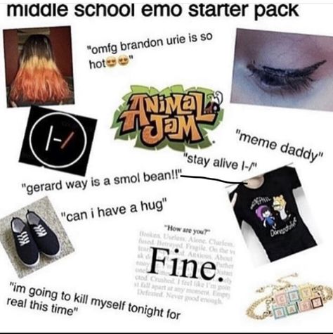 Emo Starter Pack, Can I Have A Hug, Middle School Aesthetic, Brandon Urie, Hot Meme, Smol Bean, Emo Aesthetic, Instagram Tags, Sixth Grade