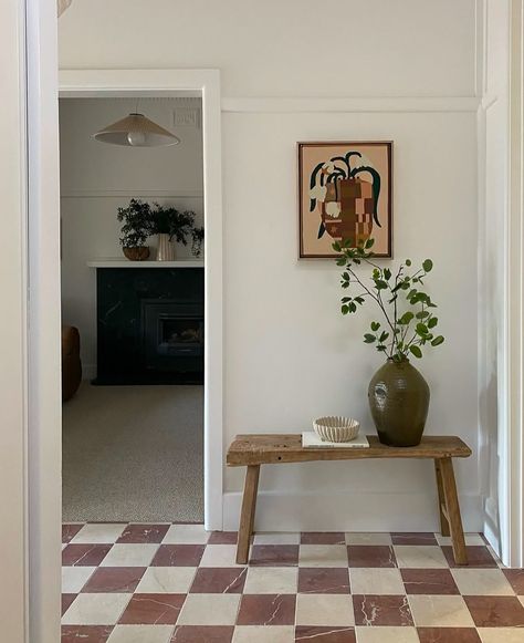 I am loving the laundry and entryway that @maddison.bloom has created. The checker floor paired with the antique brass tap is perfection. #checkerboard #checkerfloor Chris Loves Julia Checkered Floor, Checkered Floor Living Room, Checkered Floor Entryway, Checkerboard Hallway, Vestibule Ideas, Checker Floor, Tile Entry, Checkered Tile, Checkered Floor