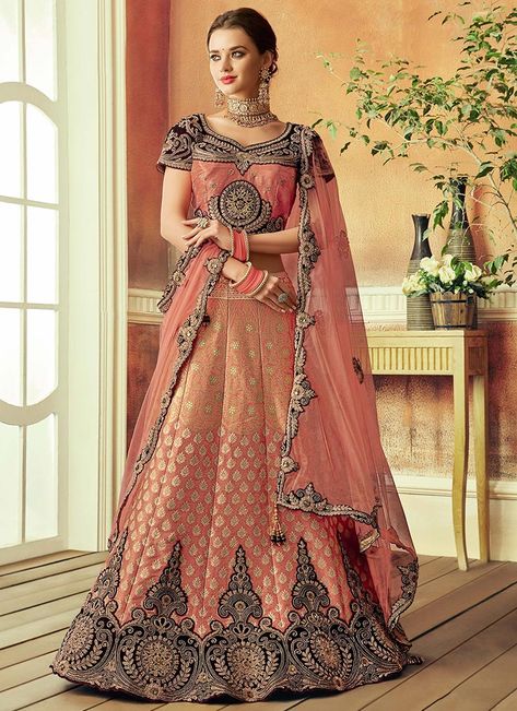 Peach Embroidered A Line Lehenga Peach Lehenga Jewellery, Ethnic Dresses Indian, Ethnic Outfits Indian, Ethnic Gowns Indian, Bollywood Saree Blouses, Gota Patti Lehenga, Mahima Mahajan, Lehenga Online Shopping, Orang India