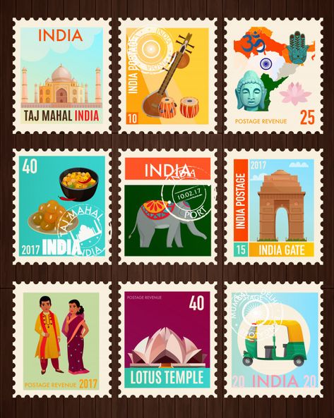 India stamp collection | Free Vector #Freepik #freevector #banner #travel #map #cartoon India Cartoon Illustrations, India Postage Stamp, Indian Stamp Design, Indian Stamps Postage, Indian Postal Stamps, Indian Stickers Printable, Post Stamp Illustration, Stamp Illustration Design, India Illustration Doodles