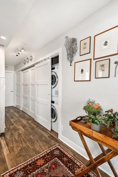 Washer Dryer In Hallway, Concealed Washer And Dryer, Washer And Dryer In A Closet, 2nd Floor Washer And Dryer, Hallway Washer And Dryer Ideas, Hidden Hallway Storage, Laundry In Hallway, Hallway Laundry Closet, Washer And Dryer In Closet