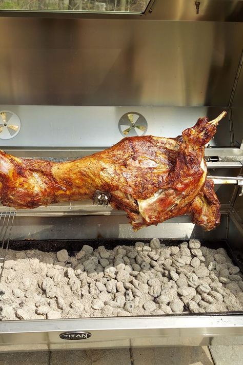 Spit Roast Lamb, Lamb Spit, Spit Roast, Grilled Roast, Boricua Recipes, Greek Easter, Plum Fruit, Easter Lamb, Grilled Lamb