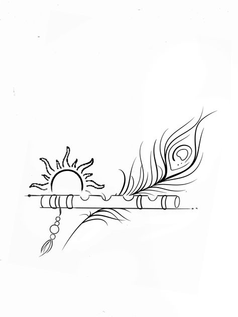 Drawing Of Peacock Feather, Flute Art Drawing, Krishna Feather Drawing, Krishna Flute Tattoo Design, Flute With Peacock Feather Drawing, Krishna Mor Pankh Drawing, Flute With Feather Tattoo Designs, Morpankh Drawing, Flute And Feather