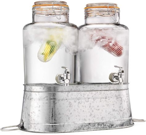 Classic Home Two (2) 1 Gallon Each Quality Ice Cold Clear Glass Jug Beverage Dispensers Hermetic Seal Galvanized Stand Display Great For Outdoors Parties & Daily Use Glass Beverage Dispenser, Large Mason Jars, Dream Laundry Room, Detergent Dispenser, Beverage Dispensers, Metal Display, Stand Display, Glass Jug, Classic Home