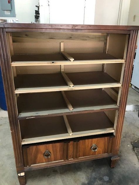 My sister had a "hole" in her kitchen that she wanted a special function cabinet and look. She wanted to repurpose an old dresser and use in that spot. We took a dresser and cut it down to fit in the space. But unbeknownst to us - the dresser isn't really wood - it's early American chipboard and plastic parts - YIKES!  But we did it - we cut the dresser down, removed the plastic embellishments, built a shelf where the top drawer used to be, built some doors, put wheels on a drawer, an… Kitchen Cabinet Diy, Cabinet Trim, Cabinet Diy, Repurposed Dresser, Dresser Shelves, Plywood Shelves, Update Cabinets, Kitchen Dresser, Old Desks