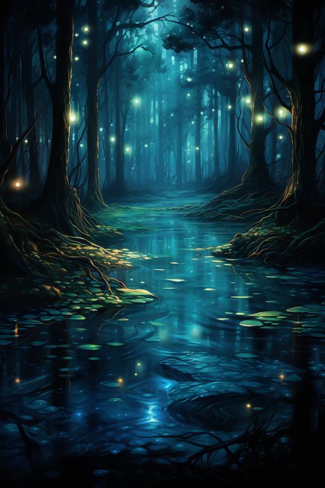 Spiritual Mystical Forest Pond Filled With Lanterns Art Print Fantasy Forest Painting Perfect to Gift Nature Lovers - Etsy Fantasy Forest Painting, Forest Pond, Lantern Art, Mystical Forest, Night Forest, Fantasy Forest, Moon Photography, Forest Painting, Water Reflections