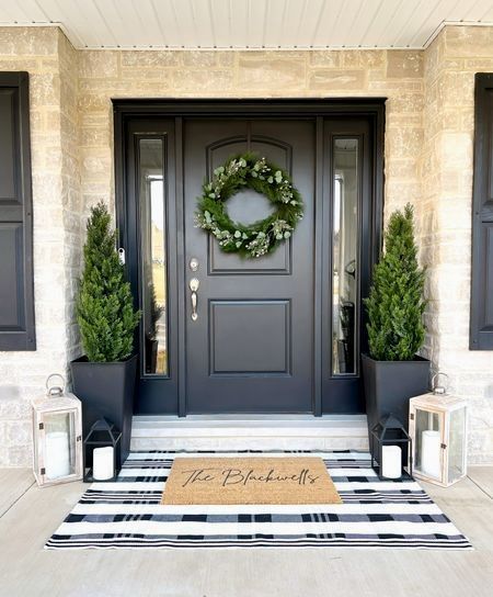 Entry Door Way Ideas Entrance, Front Door Plant Pots Entrance, Tall Black Pots By Front Door, Front Door Ideas Plants, Planters Near Garage Door, Black Door Porch Decor, Front Door Planters Entryway, Front Door Modern Decor, Front Porch Styling Modern