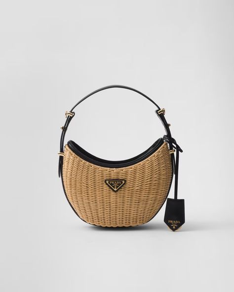 Tan/Black Wicker and leather Prada Arqué bag | PRADA